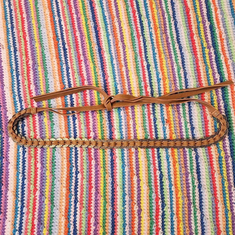 Vintage 1970s Boho Leather Coin Braided Belt